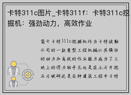 卡特311c图片_卡特311f:卡特311c挖掘机:强劲动力,高效作业