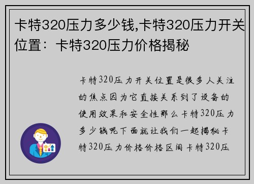 卡特320压力多少钱,卡特320压力开关位置:卡特320压力价格揭秘